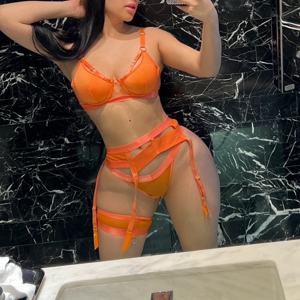 Orange Strappy Lingerie Set with Garter and Thigh Bands